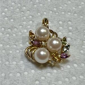 Pendant marked SIN 14k gold w/3 round pearls/color gemstones, pre-owned